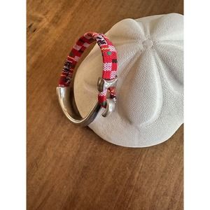 Red Cotton and Metal Bracelet with Metal Hook Clasp